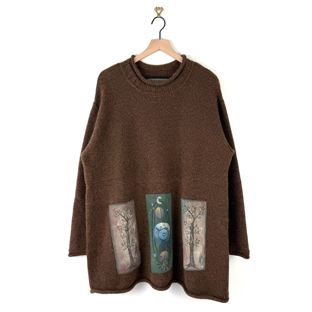 Blue Fish Vintage Wool Handmade Patch Sweater Tunic Brown Sz 3